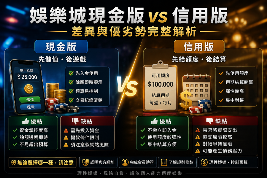 娛樂城現金版與信用版差異｜優缺點完整比較